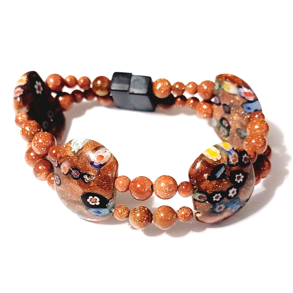 Vintage Goldstone Glass Bracelet‎ 7", Flowers Floral Rust Colorful sbr-62